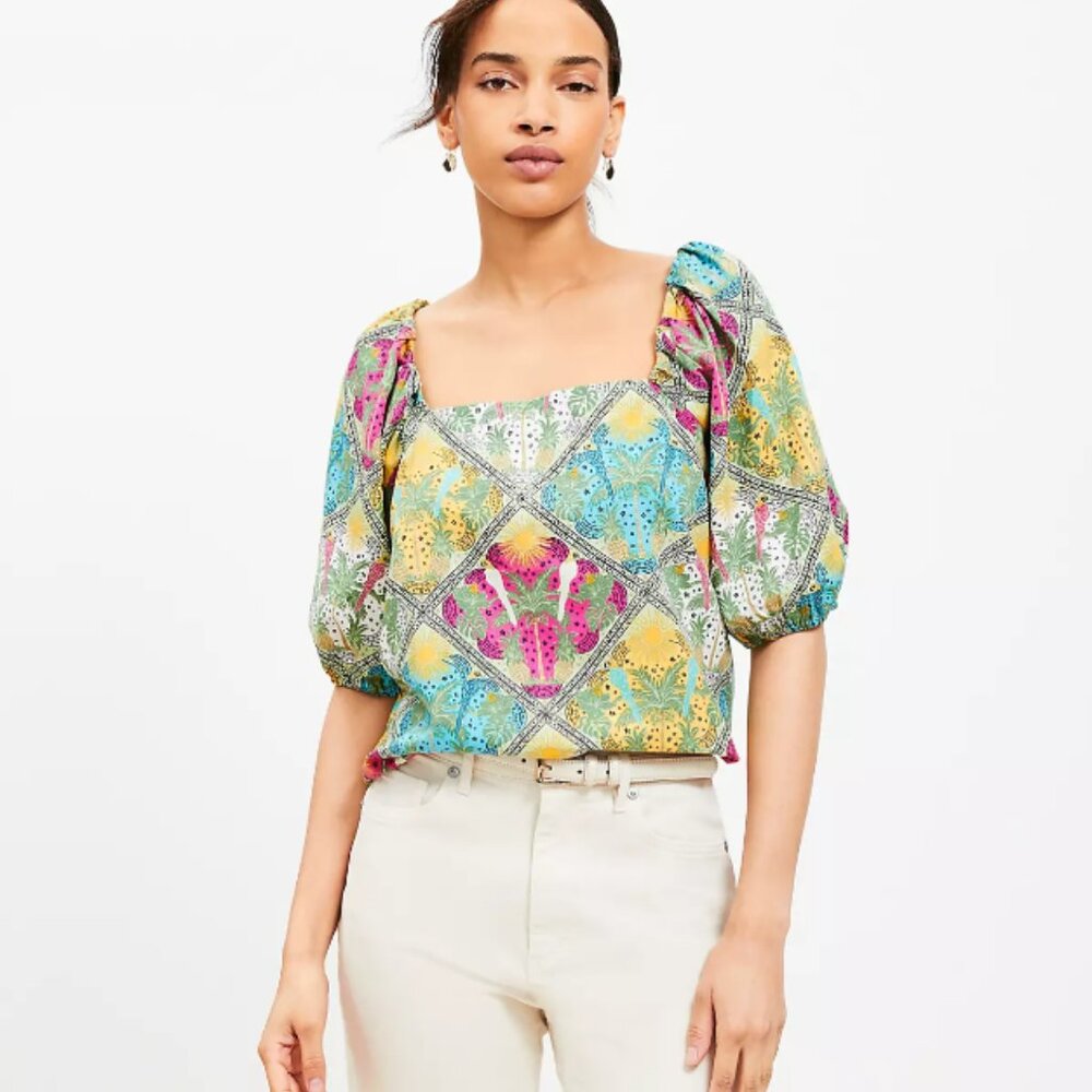 LOFT Blouse size XL‎ Colorful Tropical Palm Bubble Sleeve Square Neck Top